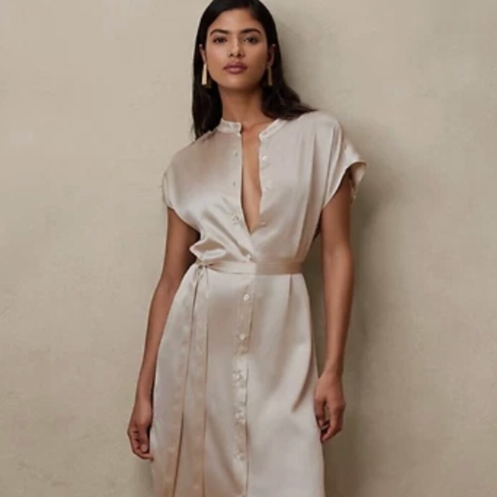 New Banana Republic Serenade Silk Beige Belted Shirt Dress (Orig $250)